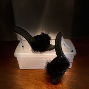 Sexy black 3 inch Feather Slipper heels